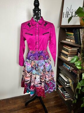 Bright Fuchsia Western Shirt Dress with Colorful Printed Skirt